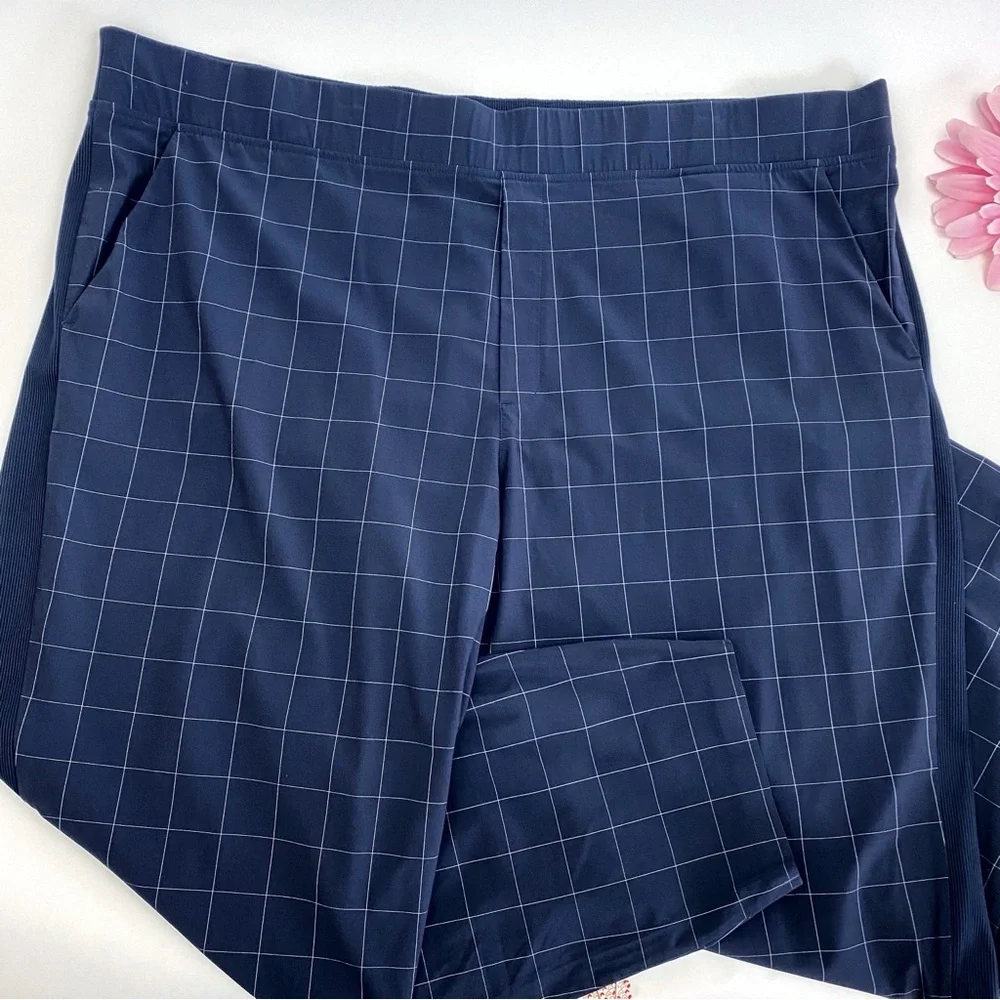 Athleta Brooklyn Textured Ankle Pant Windowpane Navy Blue High Rise